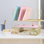 Youbetia Desk Organizers and Accessories - Double Tray and 5 Upright Sections, Office Supplies Desk Organizer with Drawer, File Office Organization with Binder Clips, Gold - Image 4